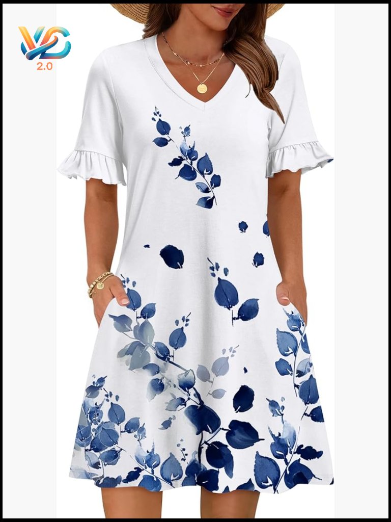 A-Line T-Shirt Dress With Pockets Knee Length Ruffle Sleeve V-Neck Casual